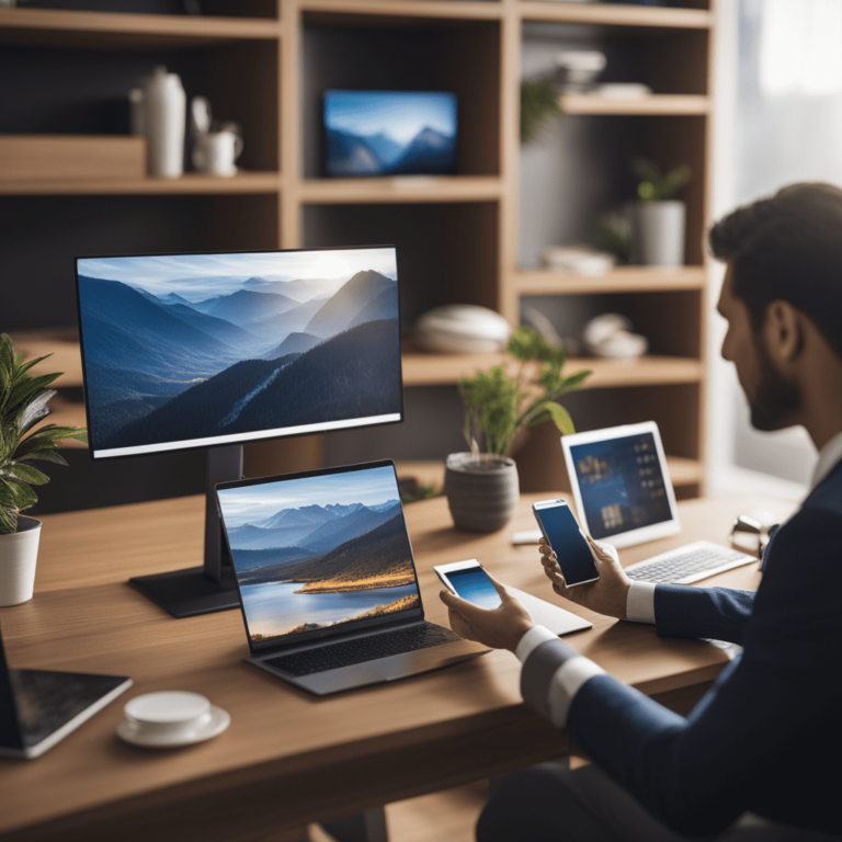a man sitting at a desk with several computers