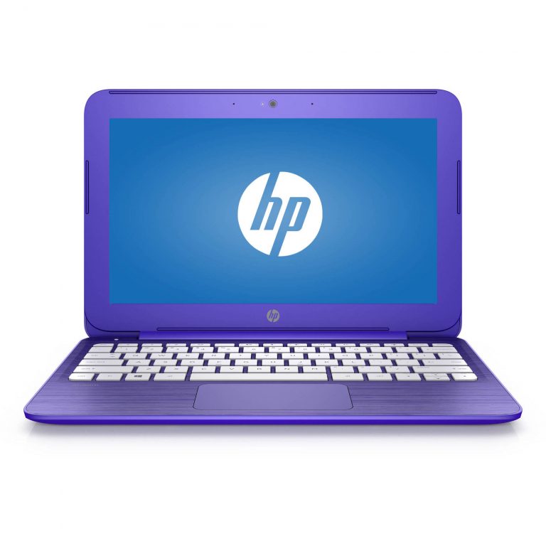 a purple laptop with a white keyboard with HP on the screen