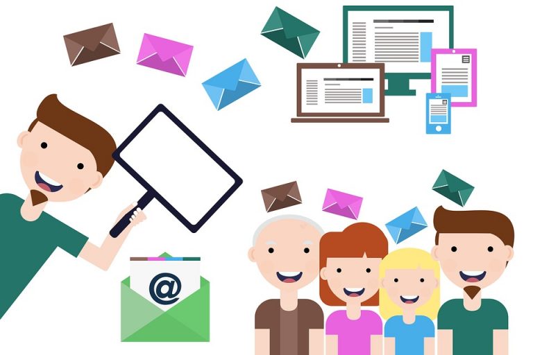 group of cartoon people with envelopes and computer screens