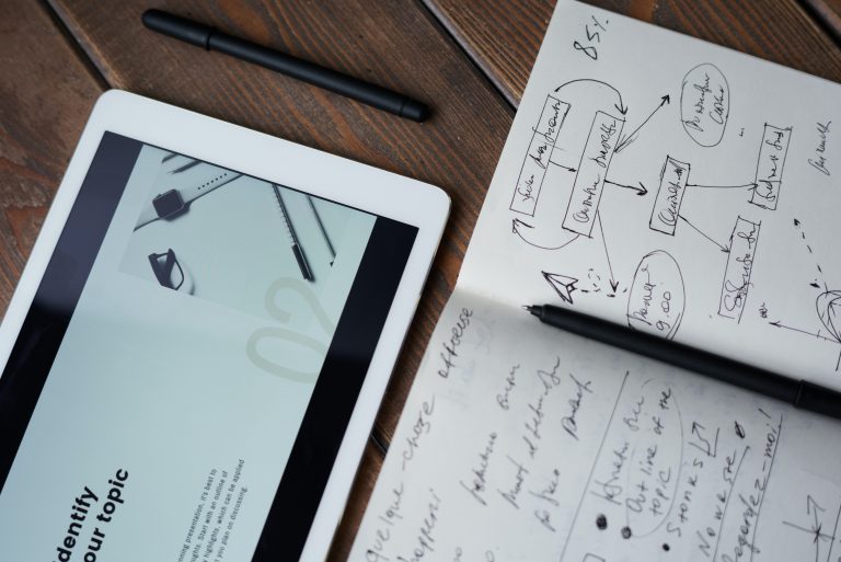 a tablet and a pen next to a piece of paper