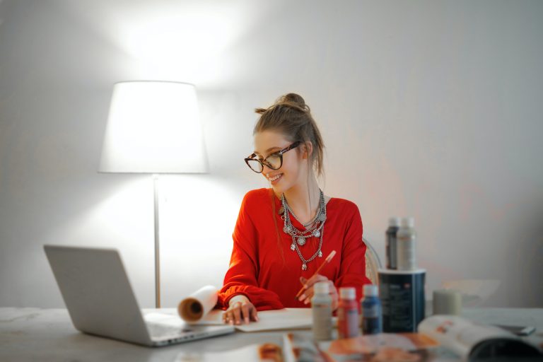 a woman in a red shirt
