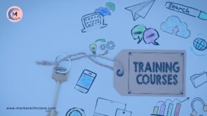 Icons of a laptop, mobile phone and a tag with the words Training Courses