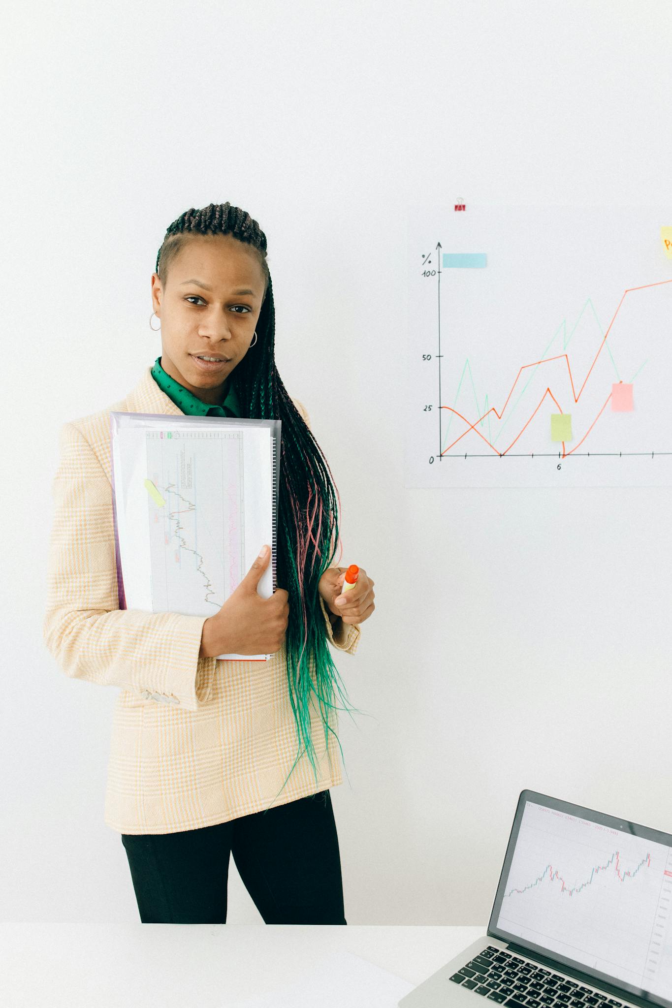 confident analyst presenting financial data and growth