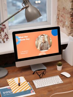 Stylish home office setup with computer showcasing client testimonials.